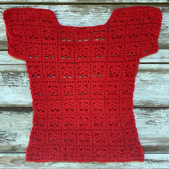 Vintage red crochet top, hollow knit, peek a boo retro shirt, Valentines, XS - Picture 4 of 14